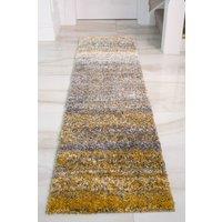 Kukoon Runner Rug Yellow Ochre Grey Striped Mottled Shaggy Long Hallway Rugs | Size: 60 cm x 240 cm