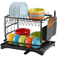 EONLION 2 Tier Dish Drainer Rack Kitchen Dish Rack with Cup Cutlery Holder in Black | Size: 100 cm