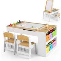 Costway 2-in-1 Kids Art Table & Easel Set w/Chairs Wooden Craft Activity Desk in Natural