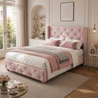 Rolipo Pink Velvet Single Bed Frame 3ft 90x190cm with Button Tufted Headboard | Size: Double