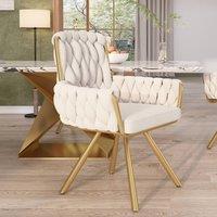 Rolipo Beige Velvet Swivel Dining Chair with Armrests & Metal Legs