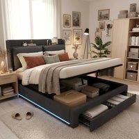 Rolipo Dark Grey Velvet King Size Upholstered Bed with LED Lights & Storage | Size: Double