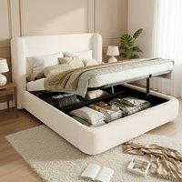 Rolipo 5FT King Size Boucl Ottoman Storage Bed Cream White Wingback | Size: Double