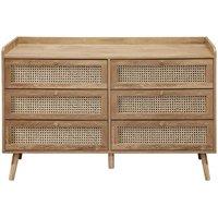 CALICOSY 6-Drawer Chest With Natural Rattan Fronts, 120 Cm Wide, PALMO in Light Brown