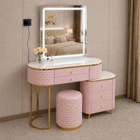 Sliding Wardrobes 4U Modern Dressing Table with LED Mirror, Stool & Storage Cabinet W130cm in Pink