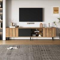 STILVORA TV Stand with 3 Doors & Tempered Glass Shelf in Brown