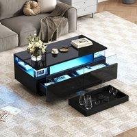ModernLuxe High gloss LED coffee table with tray, drawers & glass top in Black