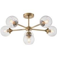 Netlighting Allegra 6 Light Multi Arm Glass Shade Semi Flush Ceiling Lamp Brass in Gold