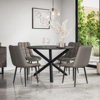 More4Homes Malvern Round Dining Table & Chairs - Black Table Top w Solid Oak Black Legs + Nova Faux Leather Dining Chair Set Of 4 in Grey