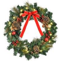 HOMCOM Pre Lit Artificial Christmas Door Wreath Holly Garland Dcor in Green