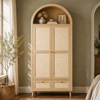 Matteo Arched Rattan-Effect Double Wardrobe - 2 Doors, 2 Drawers, Natural Oak