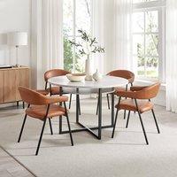 FurnitureboxUK Adley Round Concrete Effect Dining Table 4 Tan Faux Leather Chairs