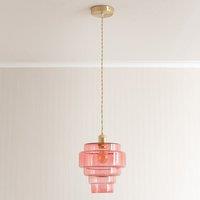 ValueLights Lane Glass 5 Tier Shade Brushed Gold Ceiling Pendant Light & Bulb in Bright Pink
