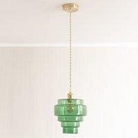 ValueLights Lane Glass 5 Tier Shade Brushed Gold Ceiling Pendant Light & Bulb in Bright Green