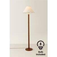 ValueLights Bobbin Colour Trim Linen Shade Walnut Bobble Floor Lamp with Bulb in Pale Green