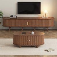BTM TV Stand & Coffee Table Set Cabinet Sliding Doors in Brown