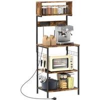 HOMCOM Bakers Rack with Power Outlet, 5 Hooks, Microwave Stand, Brown