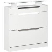 HOMCOM Shoe Cabinet with 3 Drawers, High Gloss Front Panels, Glass Top White