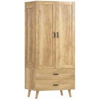 HOMCOM 2 Door Wardrobe Modern Wardrobe 2 Drawer Hanging Rail for Bedroom in Light Brown
