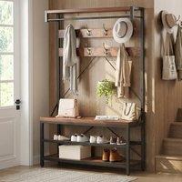 London Boutique 4-in-1 Hallway Storage Unit Coat Rack w/Shoe Bench&8-Hook Clothes Rack in Brown