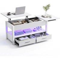 KORVIXA LED Lift Top Coffee Table With Drawers 4 in 1 White | Size: 100 cm