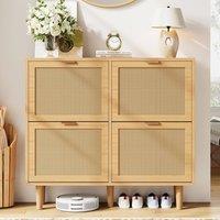 ModernLuxe Rattan shoe cabinet with adjustable shelves & flip drawers in Light Oak