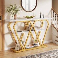 ModernLuxe Wooden console table with marble-look top for home storage in White