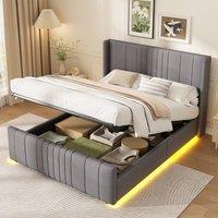 Matteo Grey Velvet Upholstered Ottoman Double Bed with LED & Storage