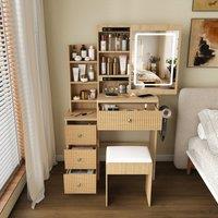 Matteo Modern LED Vanity Desk - 4 Drawers, Natural Walnut - Dressing Table