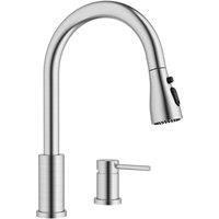 YUHUBY Brushed Stainless Steel 2-Hole Kitchen Mixer Tap with 3-Mode Sprayer in Silver
