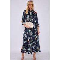 Love Sunshine Women's Botanical Print Satin Maxi Shirt Dress in Navy | Size: 14