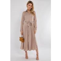 Love Sunshine Women's Layered Satin Long Sleeve Maxi Shirt Dress in Beige | Size: 12