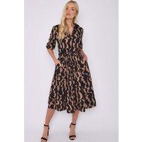 Love Sunshine Women's Geometric Printed Half Sleeve Midi Shirt Dress in Brown | Size: 10