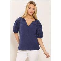 M&Co Women's Broderie Cotton Half Placket Top in Mid Navy | Size: 10