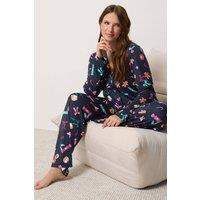 M&Co Women's Christmas Soft Touch Pyjama Set in Dark Navy | Size: 10-12