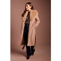 Coast Women's Camel Faux Fur Collar Occasion Belted Midi Coat | Size: 8