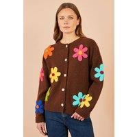Yumi Women's Knitted Flower Applique Cardigan in Brown | Size: Medium