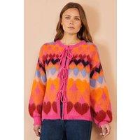 Yumi Women's Tie Front Heart Intarsia Cardigan in Pink | Size: Small