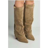 Miss Diva Women's Izel Block Heel Pointy Toe Gold Trim Buckle Ruched Boots in Taupe | Size: 3