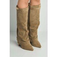 Miss Diva Women's Izel Block Heel Pointy Toe Gold Trim Buckle Ruched Boots in Taupe | Size: 7