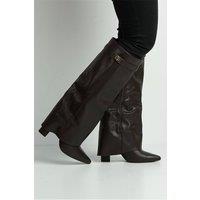 Miss Diva Women's Ayla Block Heel Pointy Toe Collared PU Calfboots with Clasp Detail in Brown | Size: 5