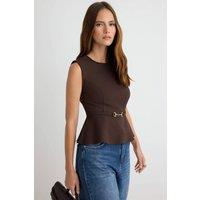 WOVCOR Women's Belt Detail Sleeveless Round Neck Regular Fit Blouse in Brown | Size: 6