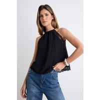 WOVCOR Women's Lace Detail Halter Neck Sleeveless Woven Blouse in Black | Size: 10