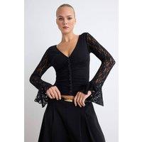 WOVCOR Women's V Neck Long Sleeve Lace Detail Fitted Blouse in Black | Size: XS