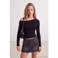 WOVCOR Women's Asymmetric Neck Standard Sleeve Fitted Ribbed Blouse in Black | Size: Medium