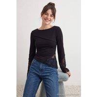 WOVCOR Women's Boat Neck Spanish Sleeve Lace Detail Fitted Blouse in Black | Size: Large