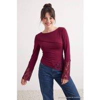 WOVCOR Women's Boat Neck Spanish Sleeve Lace Detail Fitted Blouse in Burgundy | Size: Small