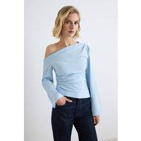 WOVCOR Women's Asymmetric Neck Standard Sleeve Poplin Blouse in Blue | Size: 6