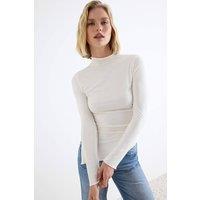 WOVCOR Women's High Neck Asymmetric Long Sleeve Fitted Blouse in Ecru | Size: XL