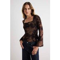 WOVCOR Women's Square Neck Spanish Sleeve Fitted Mesh Blouse in Brown | Size: XS